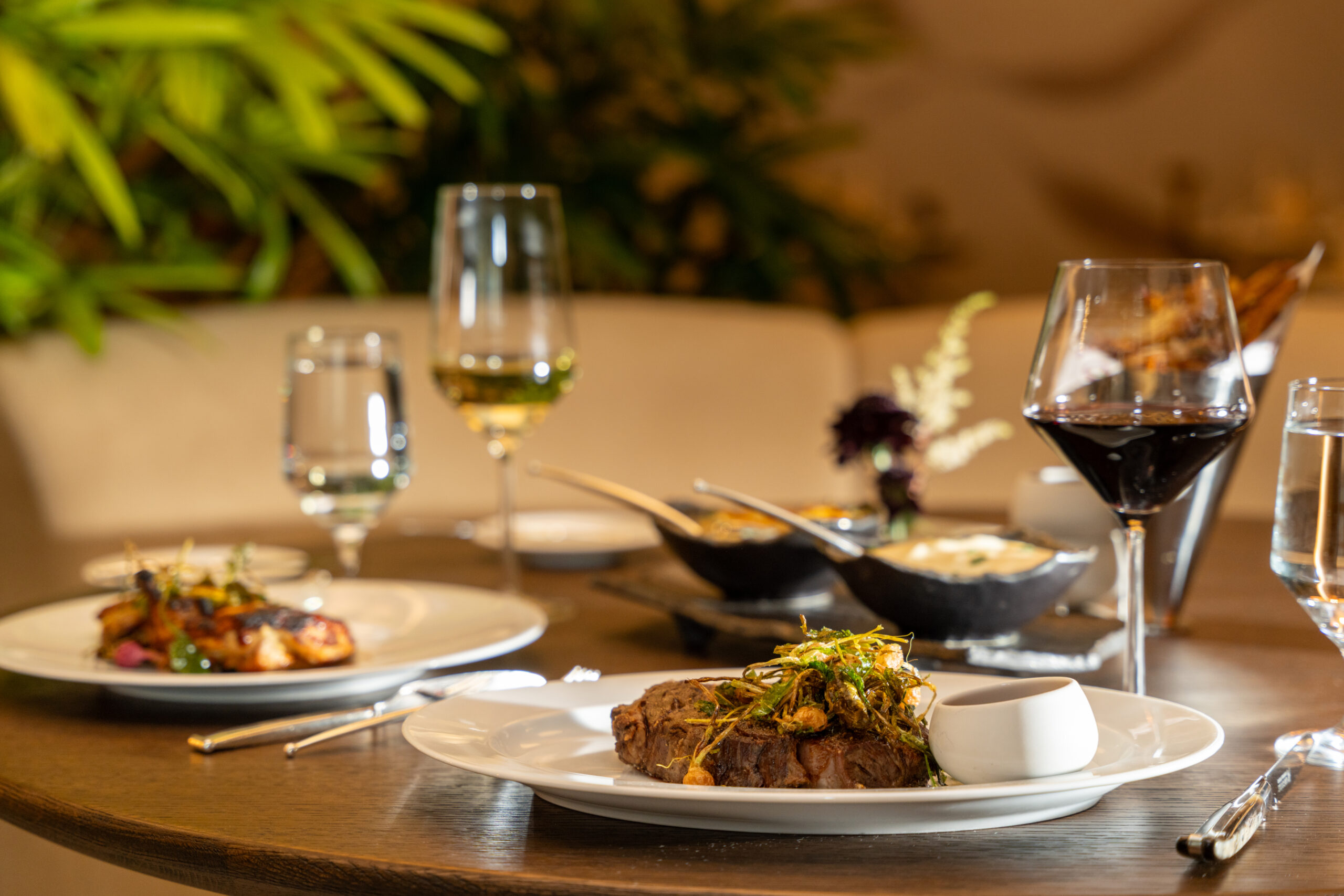 Gourmet steak dinner with wine glasses and plated dishes on restaurant table