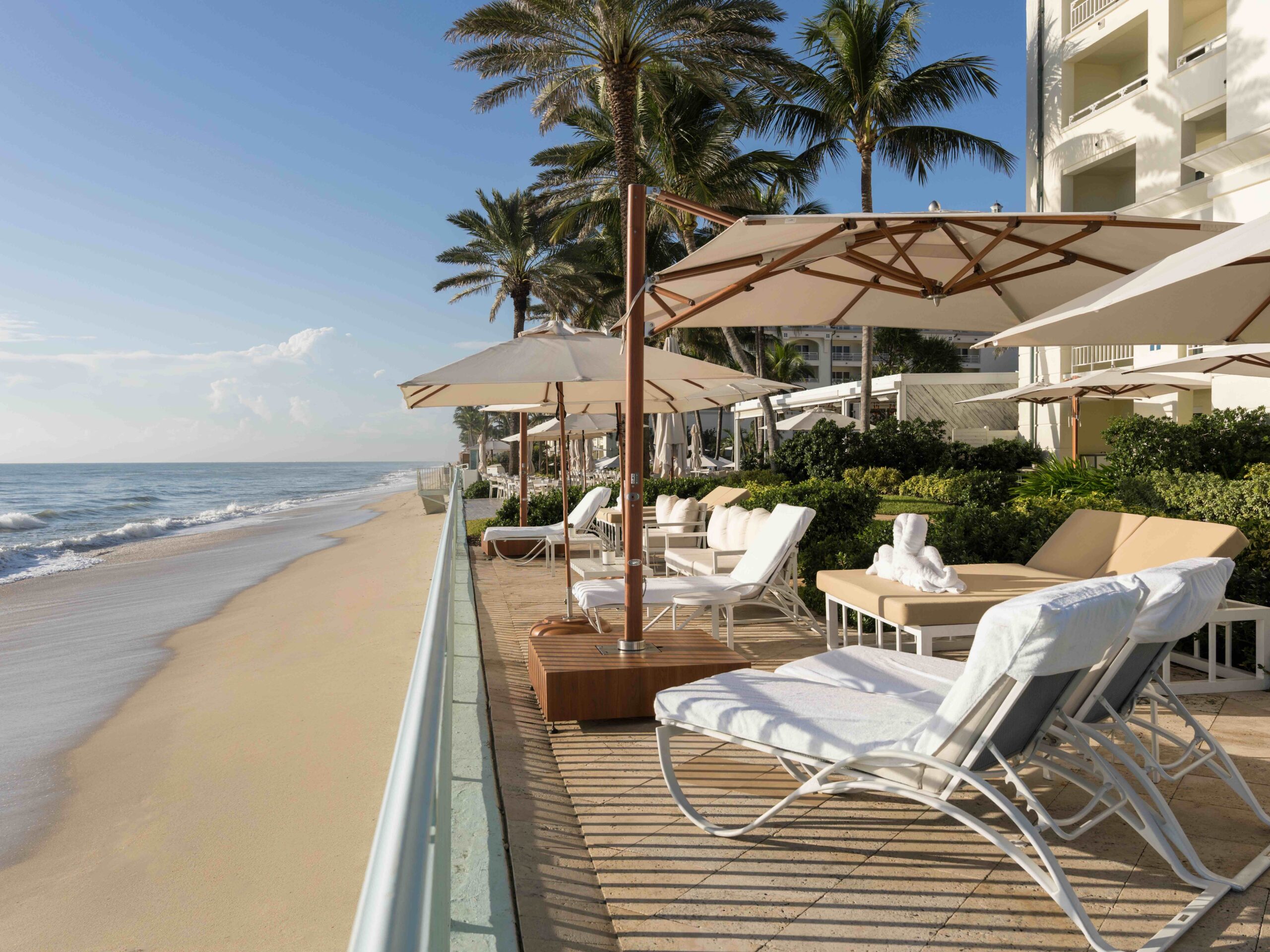 Beachfront resort lounge chairs with umbrellas overlooking sandy shore and ocean