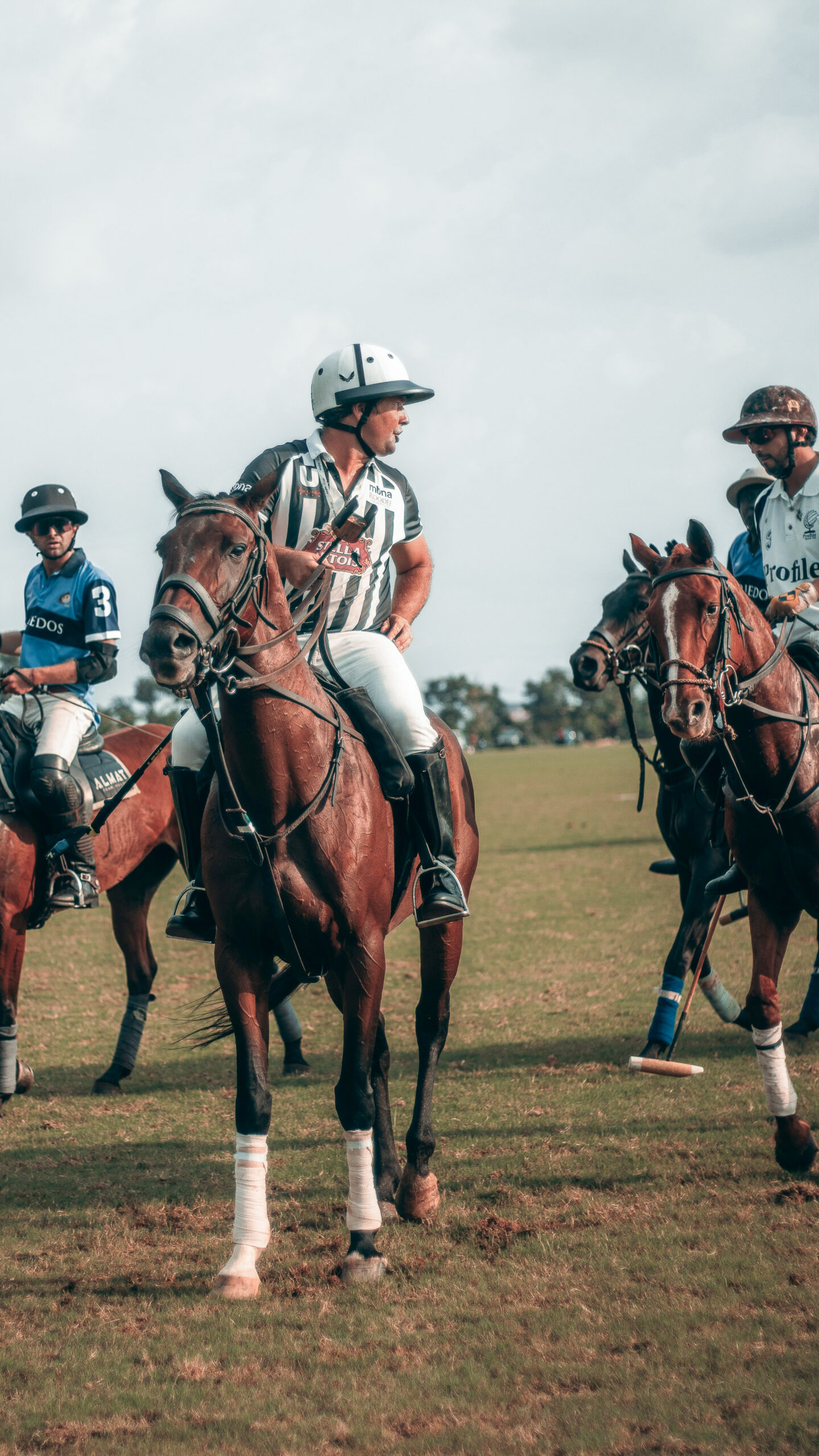 Polo players on horseback during match on grassy field under cloudy sky