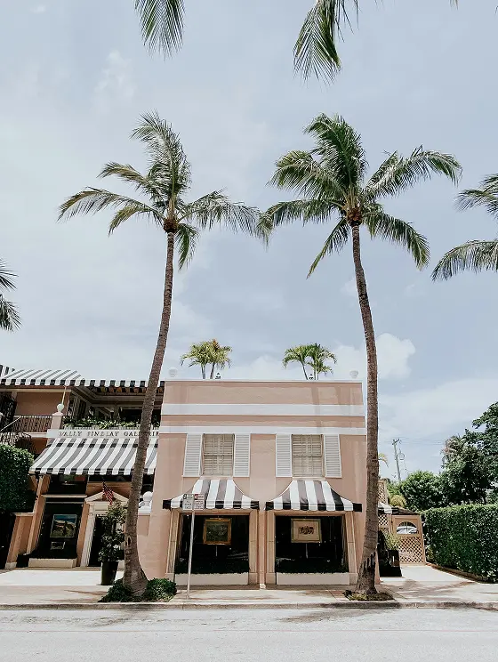 Pastel storefront with striped awnings framed by tall palm trees under cloudy sky