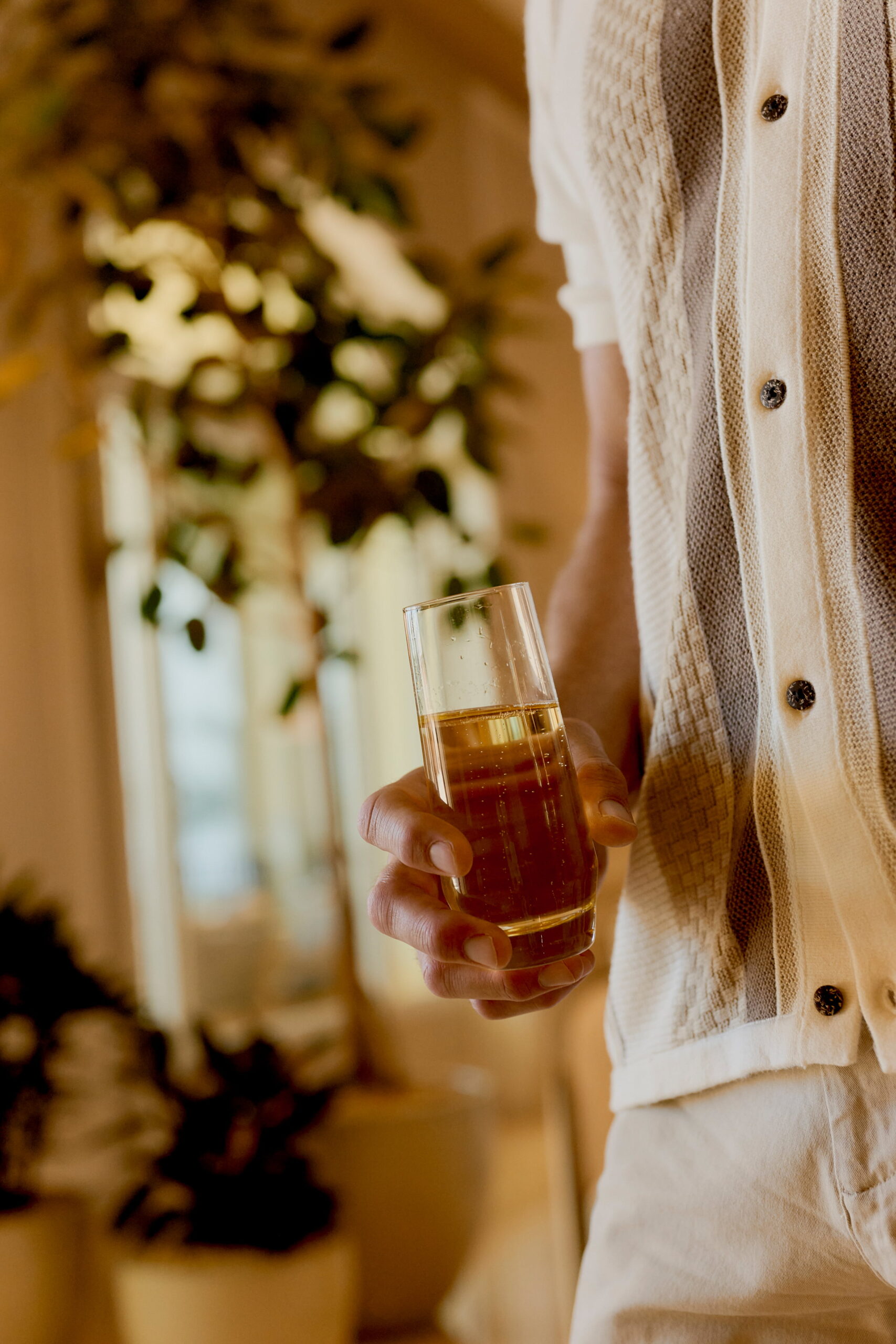 Person holding a glass of sparkling drink indoors with warm light and plants in background
