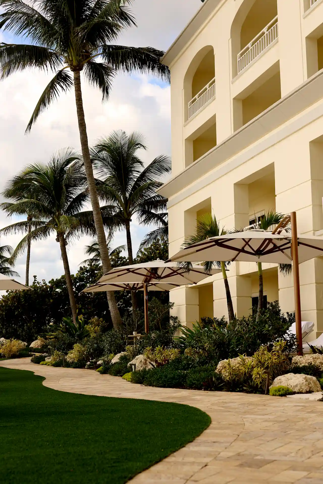 Tropical resort walkway with palm trees, lush gardens and light‑colored architecture creating a serene coastal atmosphere