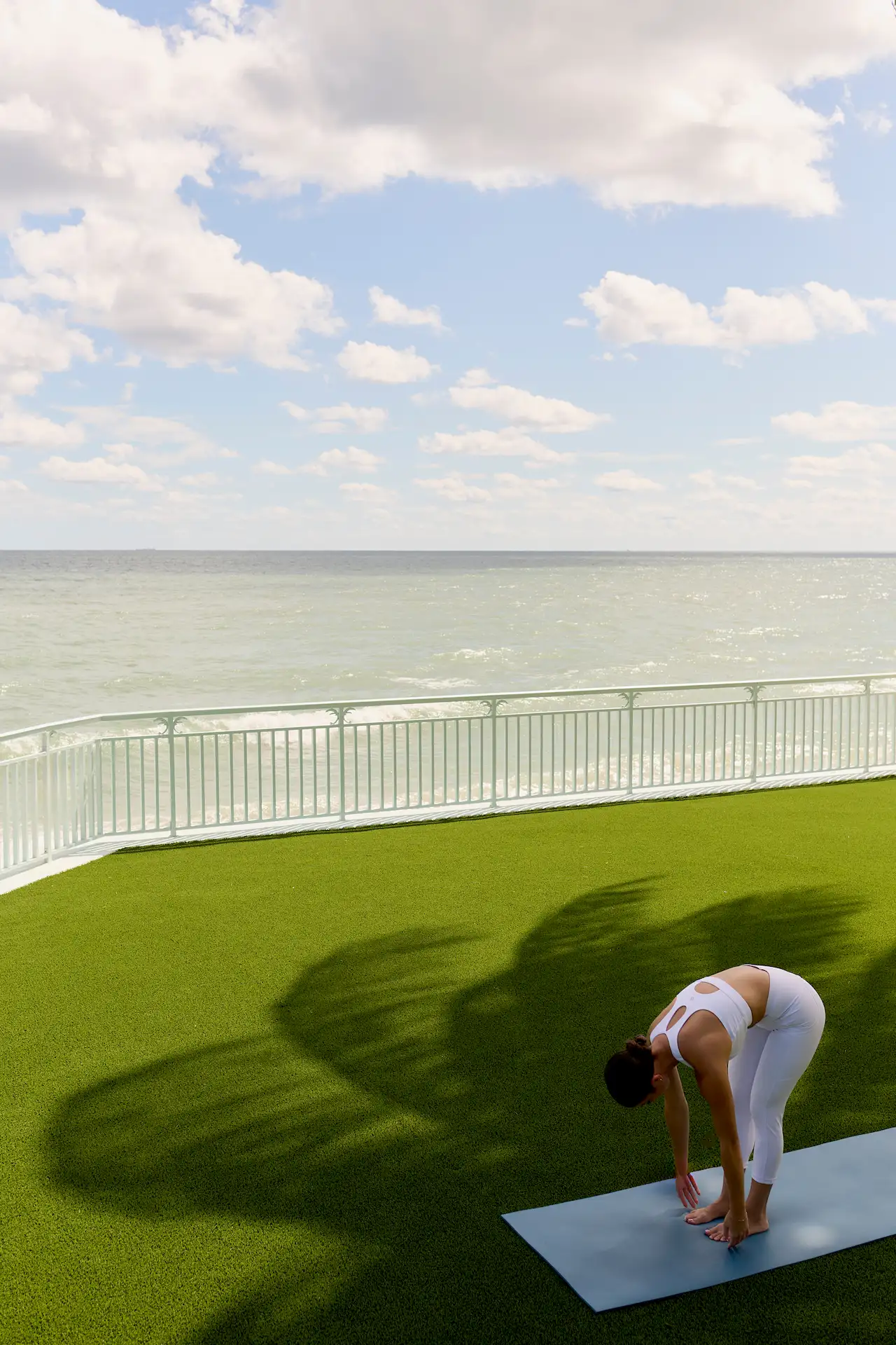 Person practicing a forward bend on a yoga mat outdoors with ocean views and soft palm‑leaf shadows